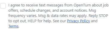 The unchecked SMS opt-in checkbox and disclosure text as shown on a cleaner's profile screen in the OpenTurn app
